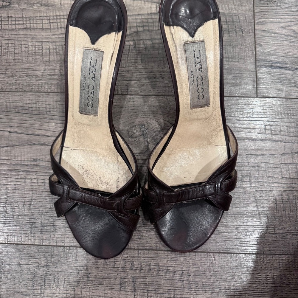 Jimmy Choo London Brown Leather Strappy Kitten Heel Mules Sandals Size 38